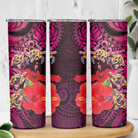 Pasifika Festival Skinny Tumbler Plumeria Turtles with Hibiscus - Polynesian Art Tattoo Pink Color - Wonder Print Shop
