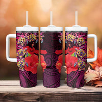 Pasifika Festival Tumbler With Handle Plumeria Turtles with Hibiscus - Polynesian Art Tattoo Pink Color - Wonder Print Shop
