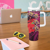 Pasifika Festival Tumbler With Handle Plumeria Turtles with Hibiscus - Polynesian Art Tattoo Pink Color - Wonder Print Shop