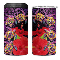Pasifika Festival 4 in 1 Can Cooler Tumbler Plumeria Turtles with Hibiscus - Polynesian Art Tattoo Purpel Color - Wonder Print Shop