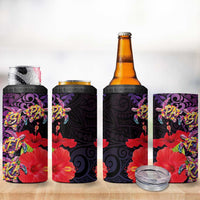 Pasifika Festival 4 in 1 Can Cooler Tumbler Plumeria Turtles with Hibiscus - Polynesian Art Tattoo Purpel Color - Wonder Print Shop