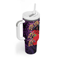 Pasifika Festival Tumbler With Handle Plumeria Turtles with Hibiscus - Polynesian Art Tattoo Purpel Color - Wonder Print Shop