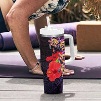 Pasifika Festival Tumbler With Handle Plumeria Turtles with Hibiscus - Polynesian Art Tattoo Purpel Color - Wonder Print Shop