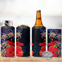 Pasifika Festival 4 in 1 Can Cooler Tumbler Plumeria Turtles with Hibiscus - Polynesian Art Tattoo Dark Navy Color - Wonder Print Shop
