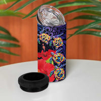Pasifika Festival 4 in 1 Can Cooler Tumbler Plumeria Turtles with Hibiscus - Polynesian Art Tattoo Dark Navy Color - Wonder Print Shop