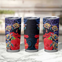 Pasifika Festival Tumbler Cup Plumeria Turtles with Hibiscus - Polynesian Art Tattoo Dark Navy Color - Wonder Print Shop