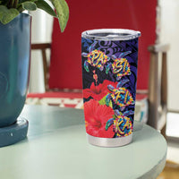Pasifika Festival Tumbler Cup Plumeria Turtles with Hibiscus - Polynesian Art Tattoo Dark Navy Color - Wonder Print Shop