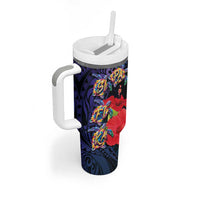 Pasifika Festival Tumbler With Handle Plumeria Turtles with Hibiscus - Polynesian Art Tattoo Dark Navy Color - Wonder Print Shop