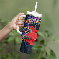 Pasifika Festival Tumbler With Handle Plumeria Turtles with Hibiscus - Polynesian Art Tattoo Dark Navy Color - Wonder Print Shop