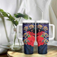 Pasifika Festival Tumbler With Handle Plumeria Turtles with Hibiscus - Polynesian Art Tattoo Dark Navy Color - Wonder Print Shop