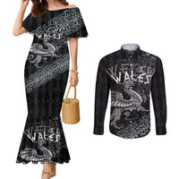 Welsh Celtic Culture Couples Matching Mermaid Dress and Long Sleeve Button Shirt Wales Y Ddraig Goch with Runes Symbols - Wonder Print Shop