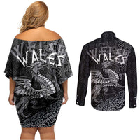 Welsh Celtic Culture Couples Matching Off Shoulder Short Dress and Long Sleeve Button Shirt Wales Y Ddraig Goch with Runes Symbols - Wonder Print Shop
