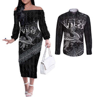 Welsh Celtic Culture Couples Matching Off The Shoulder Long Sleeve Dress and Long Sleeve Button Shirt Wales Y Ddraig Goch with Runes Symbols - Wonder Print Shop