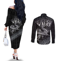 Welsh Celtic Culture Couples Matching Off The Shoulder Long Sleeve Dress and Long Sleeve Button Shirt Wales Y Ddraig Goch with Runes Symbols - Wonder Print Shop