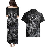 Welsh Celtic Culture Couples Matching Puletasi and Hawaiian Shirt Wales Y Ddraig Goch with Runes Symbols - Wonder Print Shop