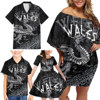 Welsh Celtic Culture Family Matching Off Shoulder Short Dress and Hawaiian Shirt Wales Y Ddraig Goch with Runes Symbols - Wonder Print Shop