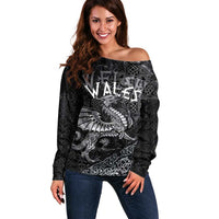 Welsh Celtic Culture Off Shoulder Sweater Wales Y Ddraig Goch with Runes Symbols - Wonder Print Shop