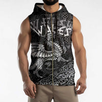 Welsh Celtic Culture Sleeveless Zip Hoodie Wales Y Ddraig Goch with Runes Symbols - Wonder Print Shop