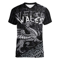 Welsh Celtic Culture Women V-Neck T-Shirt Wales Y Ddraig Goch with Runes Symbols - Wonder Print Shop