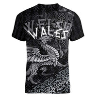 Welsh Celtic Culture Women V-Neck T-Shirt Wales Y Ddraig Goch with Runes Symbols - Wonder Print Shop