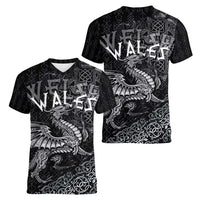 Welsh Celtic Culture Women V-Neck T-Shirt Wales Y Ddraig Goch with Runes Symbols - Wonder Print Shop