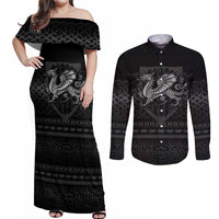 Welsh Celtic Culture Couples Matching Off Shoulder Maxi Dress and Long Sleeve Button Shirt Wales Y Ddraig Goch with Knot - Wonder Print Shop