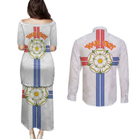 Personalized Yorkshire Celtic Heritage Couples Matching Puletasi and Long Sleeve Button Shirt Cross Style - Wonder Print Shop