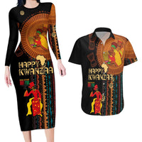Happy Kwanzaa African Tribal Pattern Couples Matching Long Sleeve Bodycon Dress and Hawaiian Shirt - Wonder Print Shop