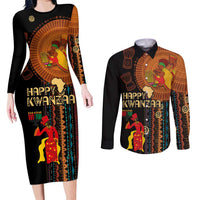 Happy Kwanzaa African Tribal Pattern Couples Matching Long Sleeve Bodycon Dress and Long Sleeve Button Shirt - Wonder Print Shop