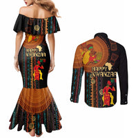 Happy Kwanzaa African Tribal Pattern Couples Matching Mermaid Dress and Long Sleeve Button Shirt