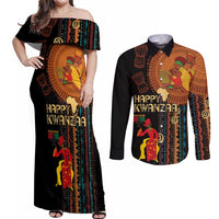 Happy Kwanzaa African Tribal Pattern Couples Matching Off Shoulder Maxi Dress and Long Sleeve Button Shirt - Wonder Print Shop