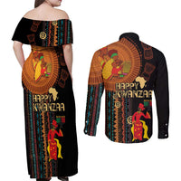 Happy Kwanzaa African Tribal Pattern Couples Matching Off Shoulder Maxi Dress and Long Sleeve Button Shirt - Wonder Print Shop