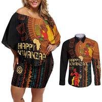 Happy Kwanzaa African Tribal Pattern Couples Matching Off Shoulder Short Dress and Long Sleeve Button Shirt - Wonder Print Shop