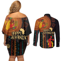 Happy Kwanzaa African Tribal Pattern Couples Matching Off Shoulder Short Dress and Long Sleeve Button Shirt - Wonder Print Shop