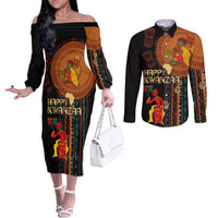 Happy Kwanzaa African Tribal Pattern Couples Matching Off The Shoulder Long Sleeve Dress and Long Sleeve Button Shirt