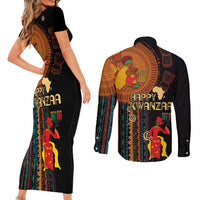 Happy Kwanzaa African Tribal Pattern Couples Matching Short Sleeve Bodycon Dress and Long Sleeve Button Shirt - Wonder Print Shop