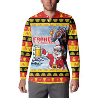 Deutschland Frohe Weihnachten Button Sweatshirt Funny Der Weihnachtsmann and Krampus Drink Beer Together - Wonder Print Shop