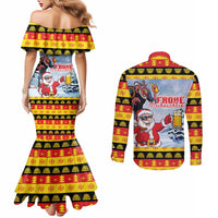 Deutschland Frohe Weihnachten Couples Matching Mermaid Dress and Long Sleeve Button Shirt Funny Santa Claus and Krampus Drink Beer Together