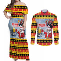 Deutschland Frohe Weihnachten Couples Matching Off Shoulder Maxi Dress and Long Sleeve Button Shirt Funny Der Weihnachtsmann and Krampus Drink Beer Together - Wonder Print Shop