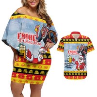 Deutschland Frohe Weihnachten Couples Matching Off Shoulder Short Dress and Hawaiian Shirt Funny Der Weihnachtsmann and Krampus Drink Beer Together - Wonder Print Shop