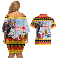 Deutschland Frohe Weihnachten Couples Matching Off Shoulder Short Dress and Hawaiian Shirt Funny Der Weihnachtsmann and Krampus Drink Beer Together - Wonder Print Shop