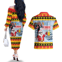 Deutschland Frohe Weihnachten Couples Matching Off The Shoulder Long Sleeve Dress and Hawaiian Shirt Funny Der Weihnachtsmann and Krampus Drink Beer Together - Wonder Print Shop