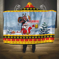 Deutschland Frohe Weihnachten Hooded Blanket Funny Santa Claus and Krampus Drink Beer Together