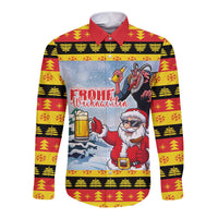 Deutschland Frohe Weihnachten Long Sleeve Button Shirt Funny Der Weihnachtsmann and Krampus Drink Beer Together - Wonder Print Shop