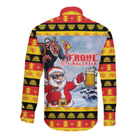 Deutschland Frohe Weihnachten Long Sleeve Button Shirt Funny Der Weihnachtsmann and Krampus Drink Beer Together - Wonder Print Shop