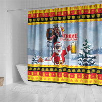 Deutschland Frohe Weihnachten Shower Curtain Funny Santa Claus and Krampus Drink Beer Together