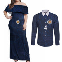 Custom Scotland National Football Couples Matching Off Shoulder Maxi Dress and Long Sleeve Button Shirt Tartan Patchwork and Sport Lion - Wonder Print Shop