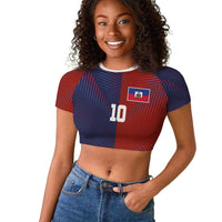 Custom Haiti National Football Raglan Cropped T shirt Red Blue The Half Sporty Design - Wonder Print Shop