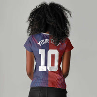 Custom Haiti National Football Women V-Neck T-Shirt Red Blue The Half Sporty Design - Wonder Print Shop