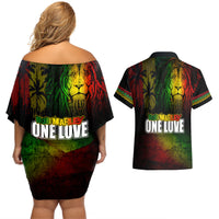 King of Reggae Couples Matching Off Shoulder Short Dress and Hawaiian Shirt Jamaican Reggae One Love - Wonder Print Shop